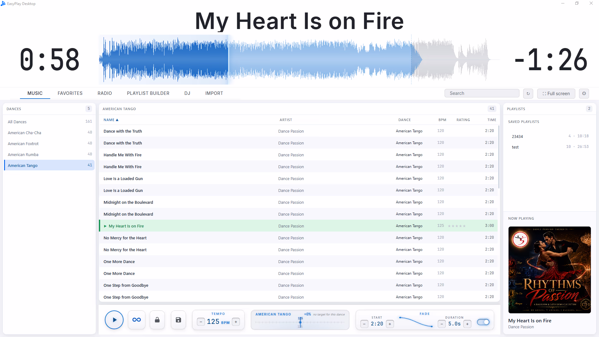 EasyPlay Studio Desktop music player showing songs, playlists, waveform, tempo, and fade controls