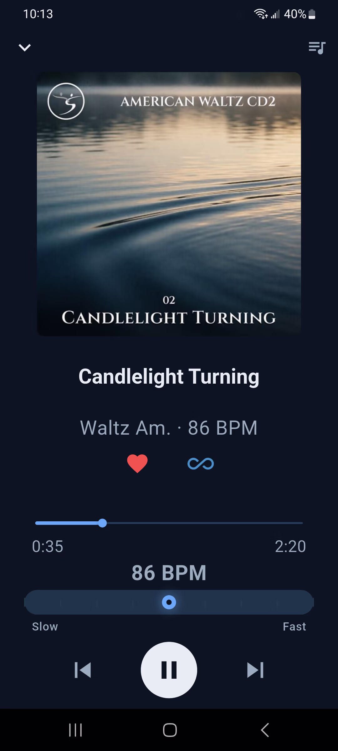 EasyPlay mobile player showing Candlelight Turning with playback and tempo controls